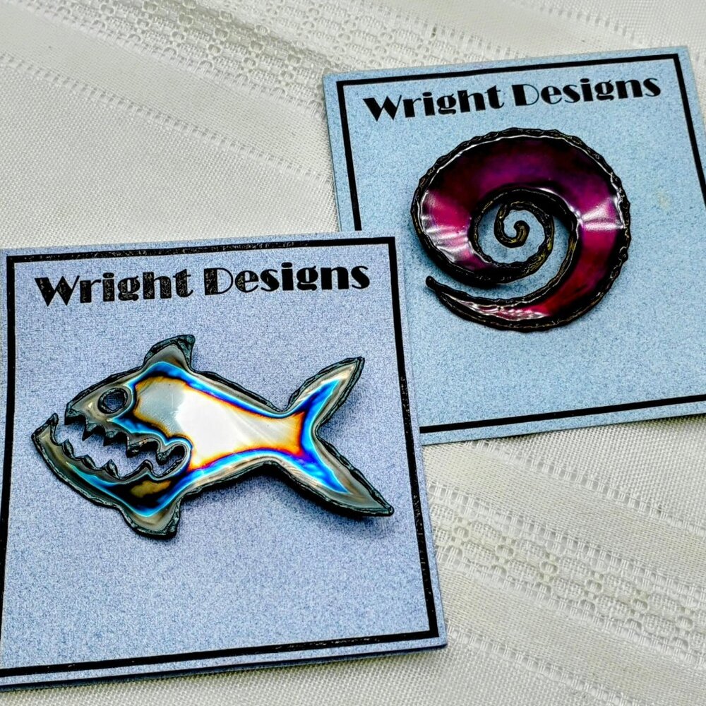 David Wright Sheer Metal Pins, Piranha and 3D swirl